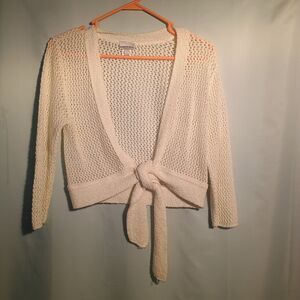 Women’s White Open Knit Tie Front Cardigan Sweater Long Sleeve Lightweight.